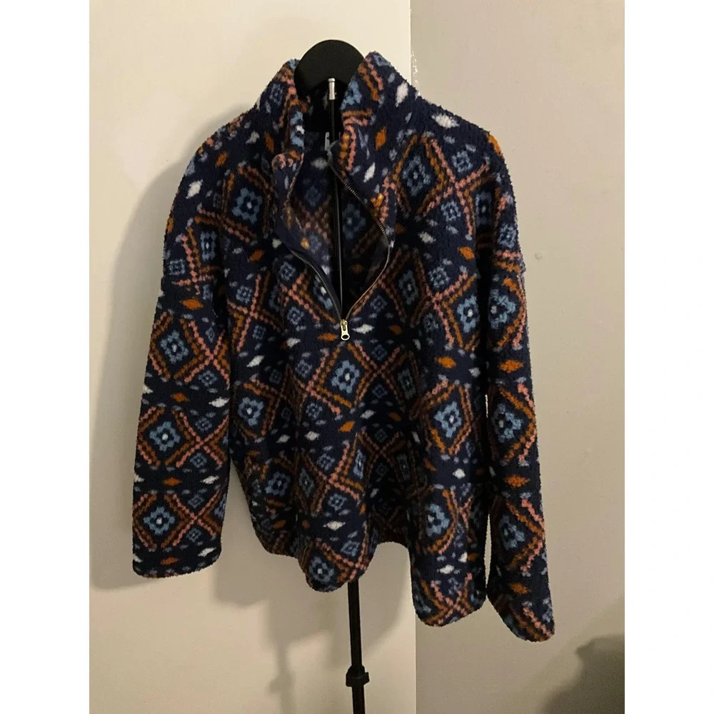 Old Navy Mens XXL Fleece Quarter Zip Pullover Navy Blue Geometric Sherpa Jacket